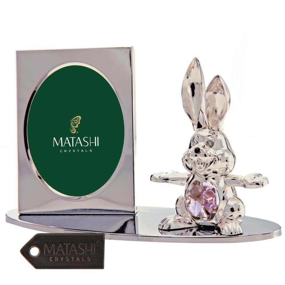 Silver Plated Picture Frame With Crystal Decorated Cartoon Bunny Figurine On A Base By Matashi