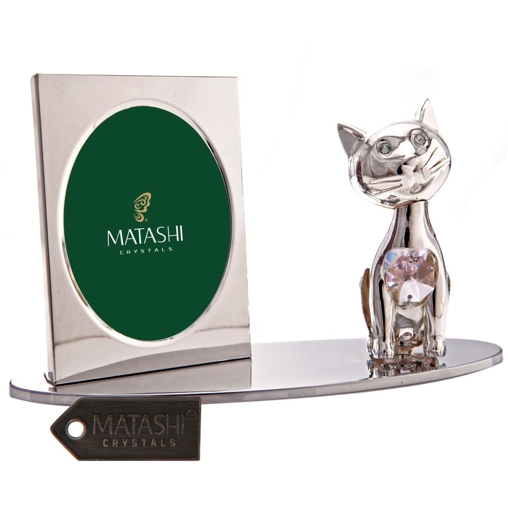 Silver Plated Picture Frame With Crystal Decorated Cartoon Cat Figurine On A Base By Matashi