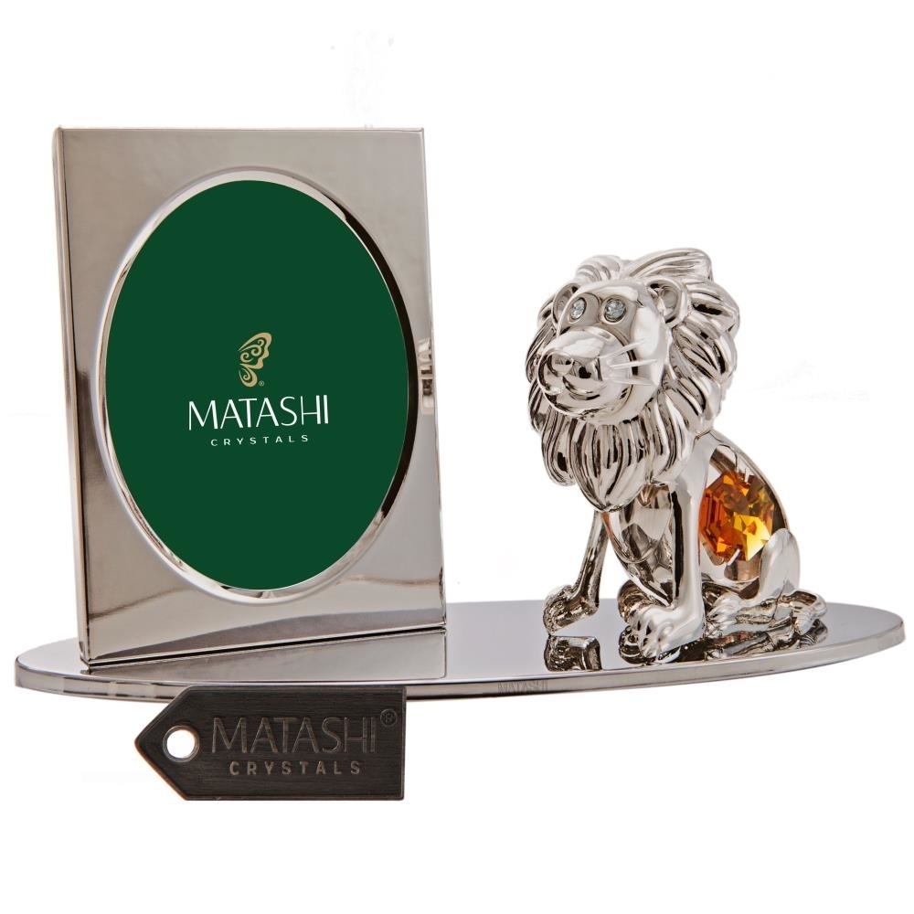 Silver Plated Picture Frame With Crystal Studded Cartoon Lion Figurine On A Base By Matashi