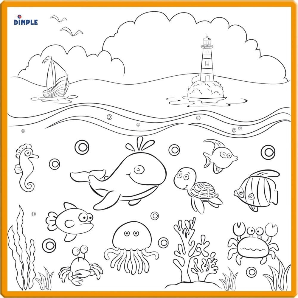 Large Washable Kids Coloring Play Mat With 'Fantastic Sea Life' Design Along With 12 Washable Markers