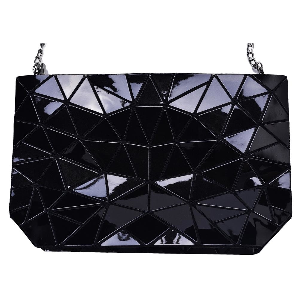 Black Glossy Shoulder Handbag With Metal Chain & Stylish Geometric Design - Crossbody Messenger Bag Purse For Casual & Formal Use
