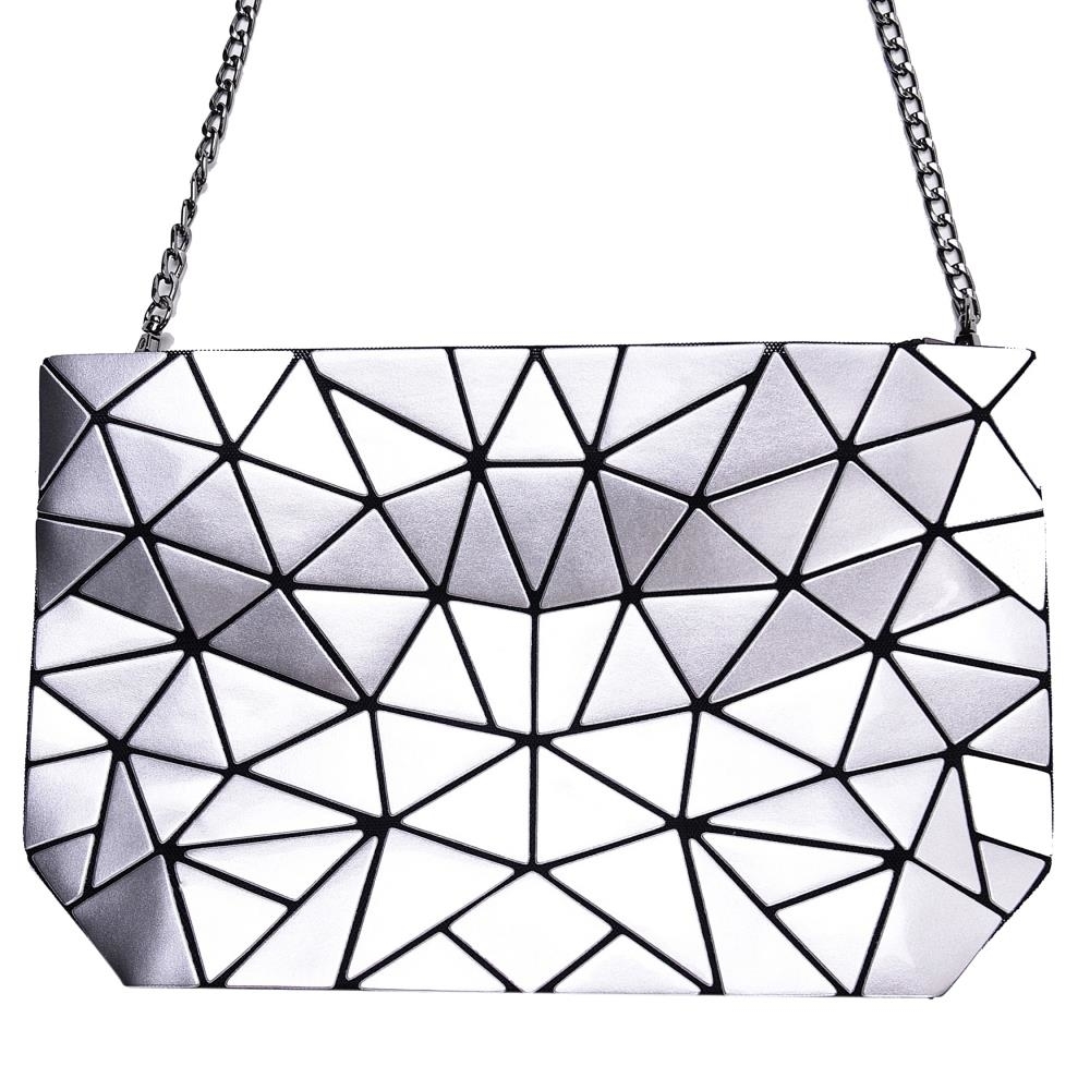 Silver Glossy Shoulder Handbag With Metal Chain & Stylish Geometric Design - Crossbody Messenger Bag Purse For Casual & Formal Use