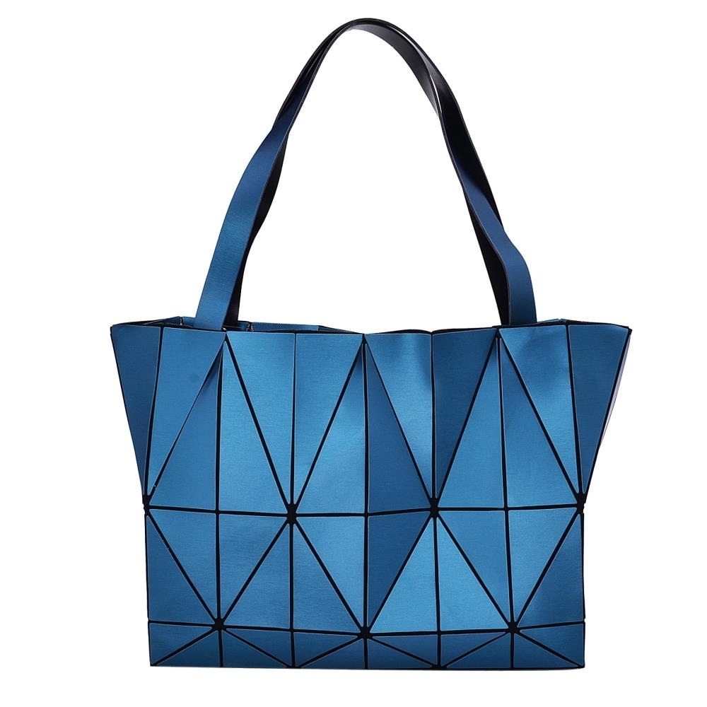 Blue Diamond Lattice Handbag For Women - Gloss Convertible Shoulder Tote Bag With Adjustable Handles - PU