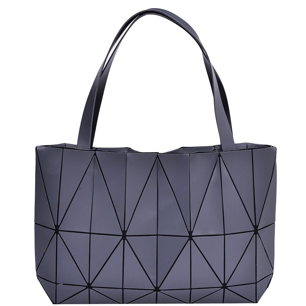 Grey Diamond Lattice Handbag For Women - Gloss Convertible Shoulder Tote Bag With Adjustable Handles - PU