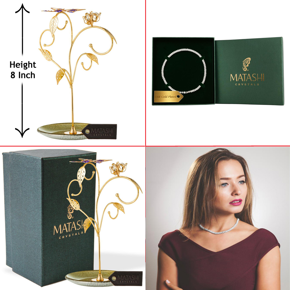 24k Gold Plated Jewelry Stand Elegant Floral And Butterfly Design And 16 Rhodium Plated Necklace By Matashi