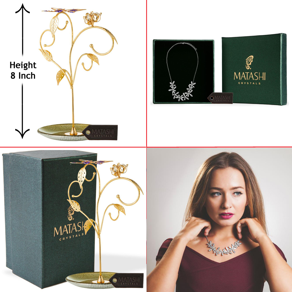24k Gold Plated Jewelry Stand Elegant Floral And Butterfly Design With Rhodium Plated Necklace