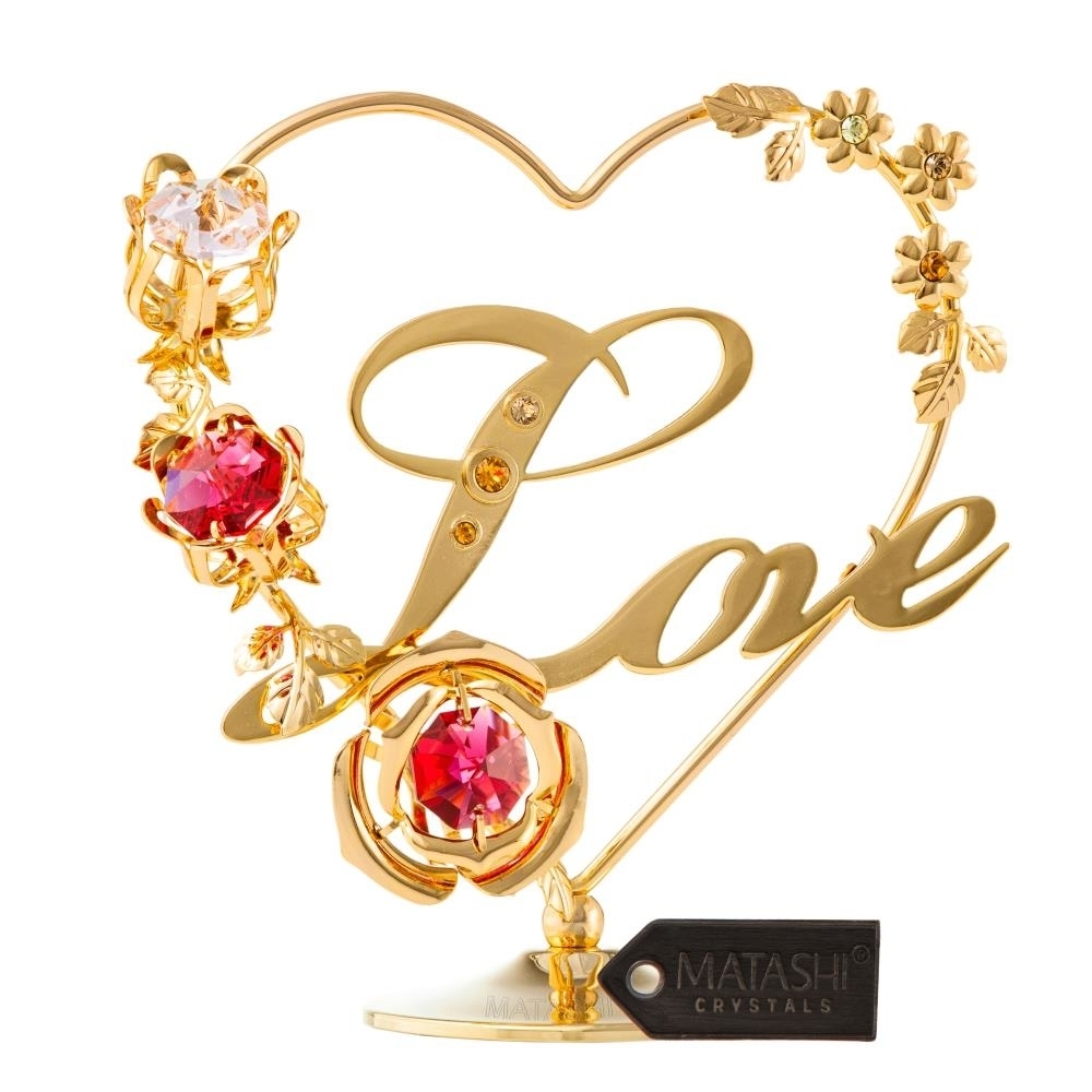 24k Gold Plated Love Table Top Ornament W/ Matashi Red/Pink Crystals Miniature Keepsake Or Decoration
