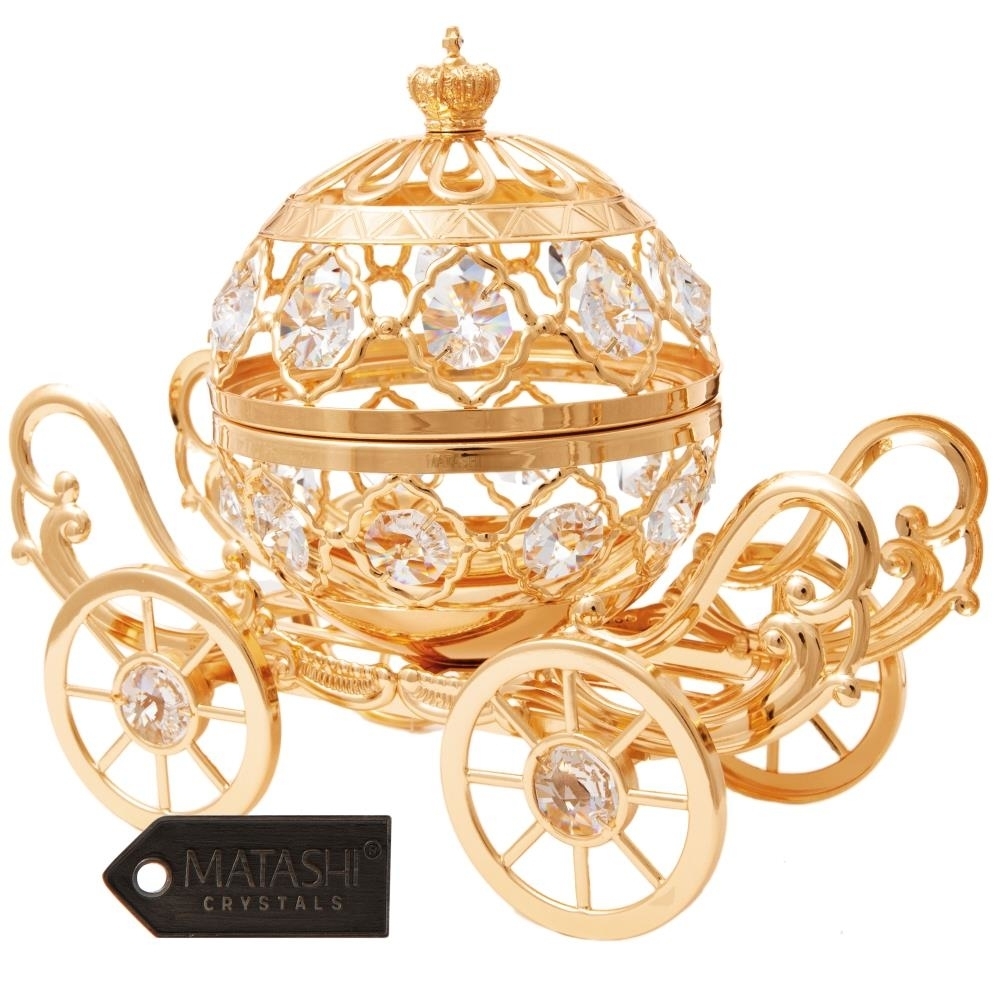 24K Gold Plated Crystal Studded Large Cinderella Pumpkin Coach Ornament By Matashi