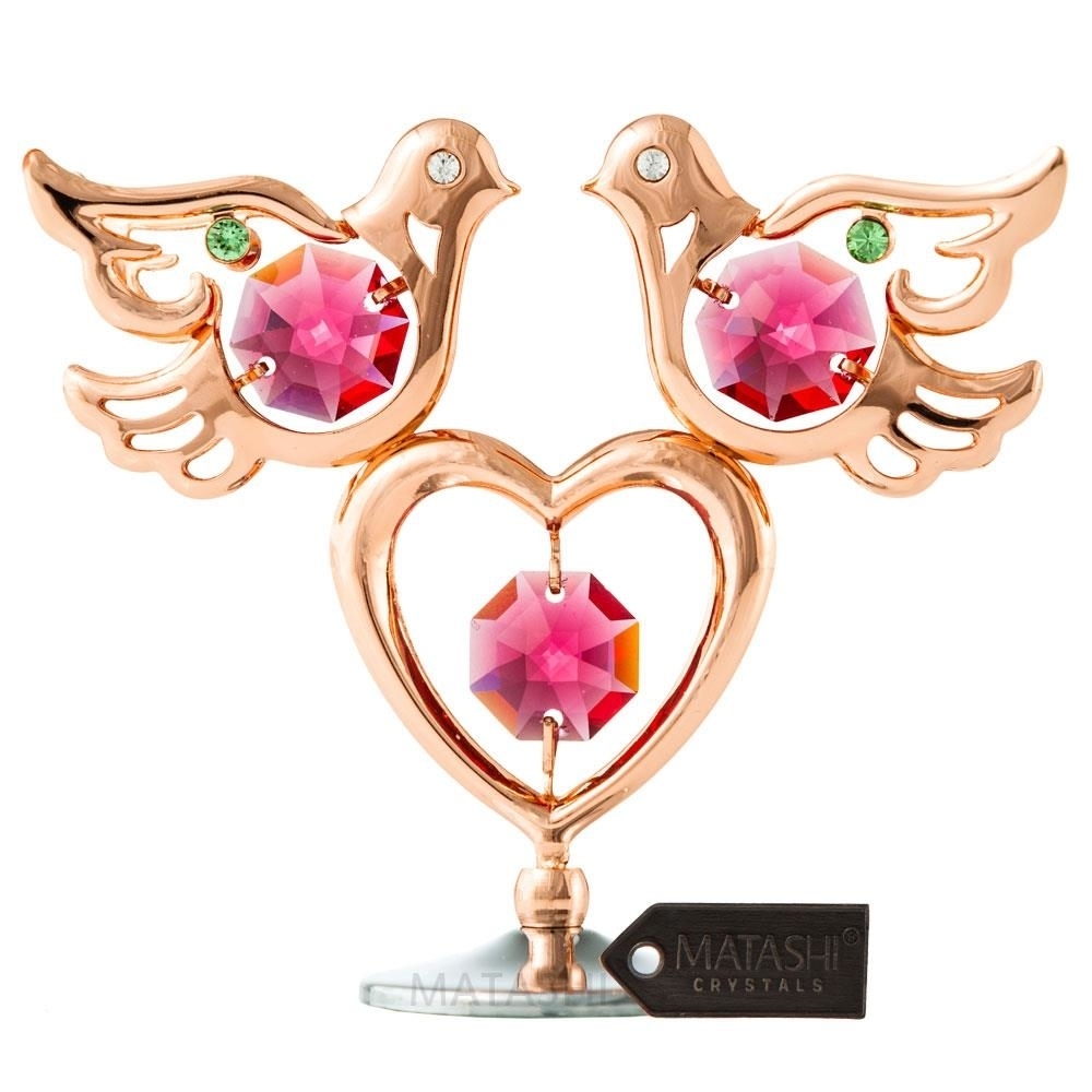 Rose Gold Plated Love Doves And Heart Table Top Ornament W/ Matashi Crystals Miniature Home Decor And Memory Keepsake