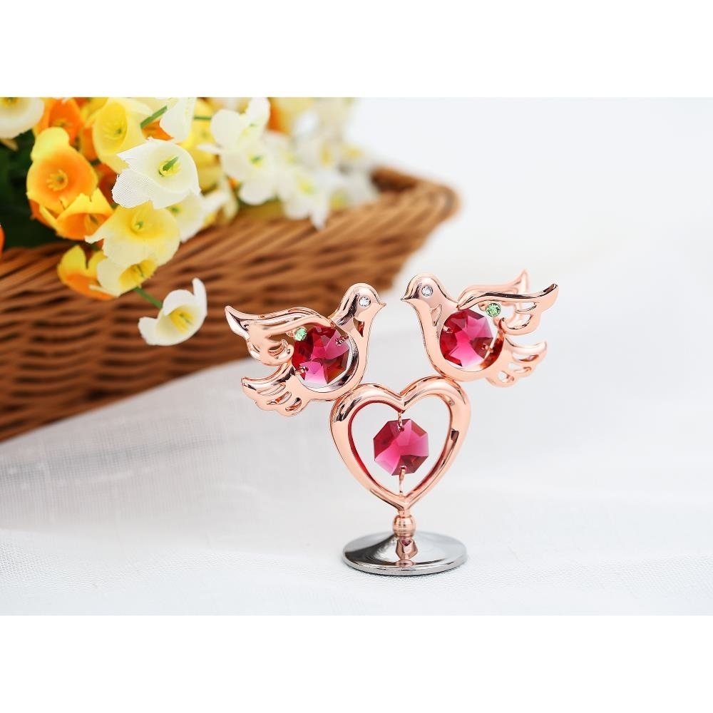 Rose Gold Plated Love Doves And Heart Table Top Ornament W/ Matashi Crystals Miniature Home Decor And Memory Keepsake