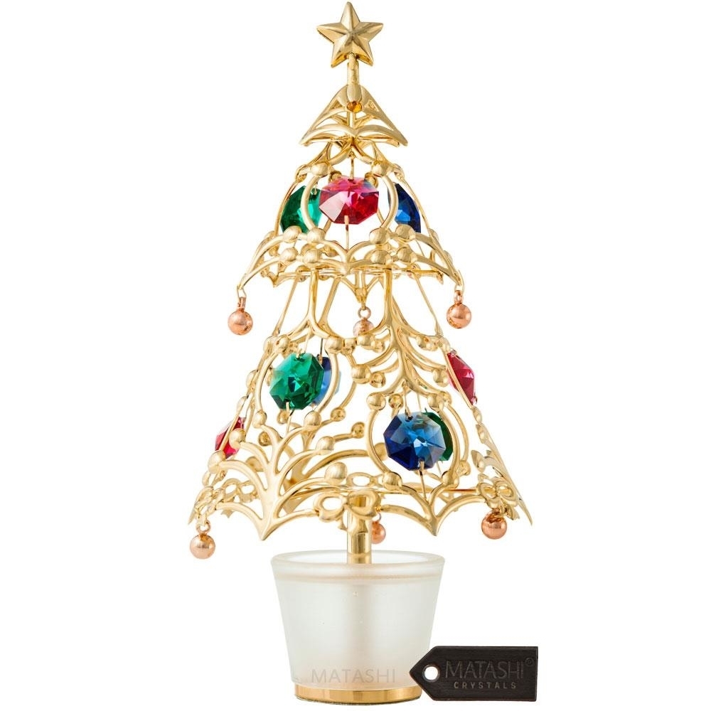 24k Gold Plated Christmas Tree Table Top Ornament With Multi Colored Crystals