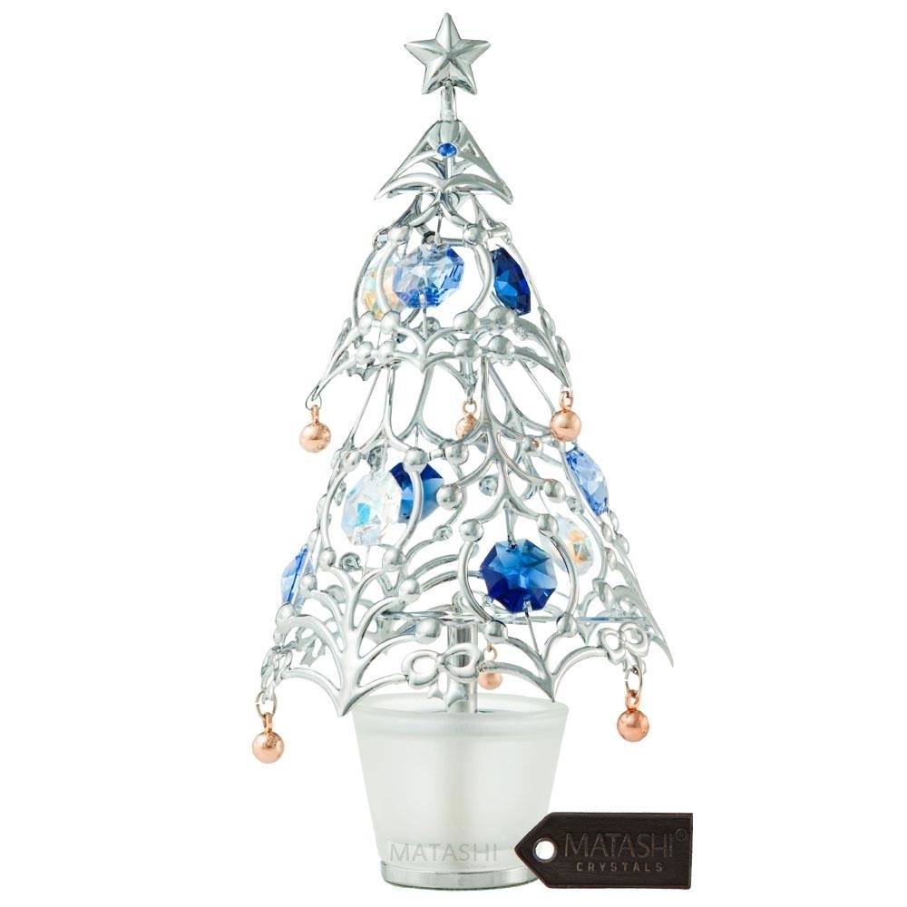 Chrome Plated Silver Christmas Tree Table Top Ornament With Blue And Clear Crystals