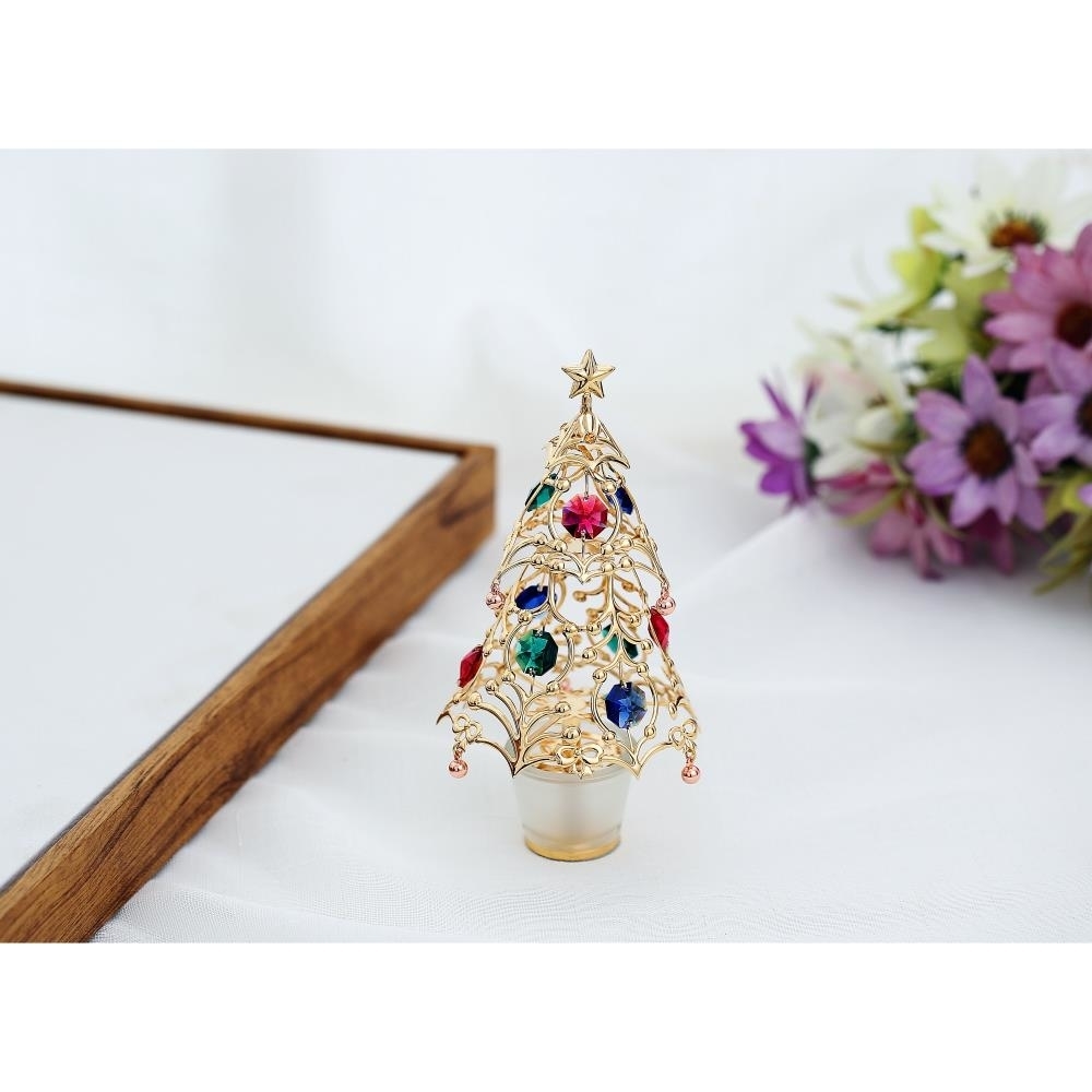 24k Gold Plated Christmas Tree Table Top Ornament With Multi Colored Crystals