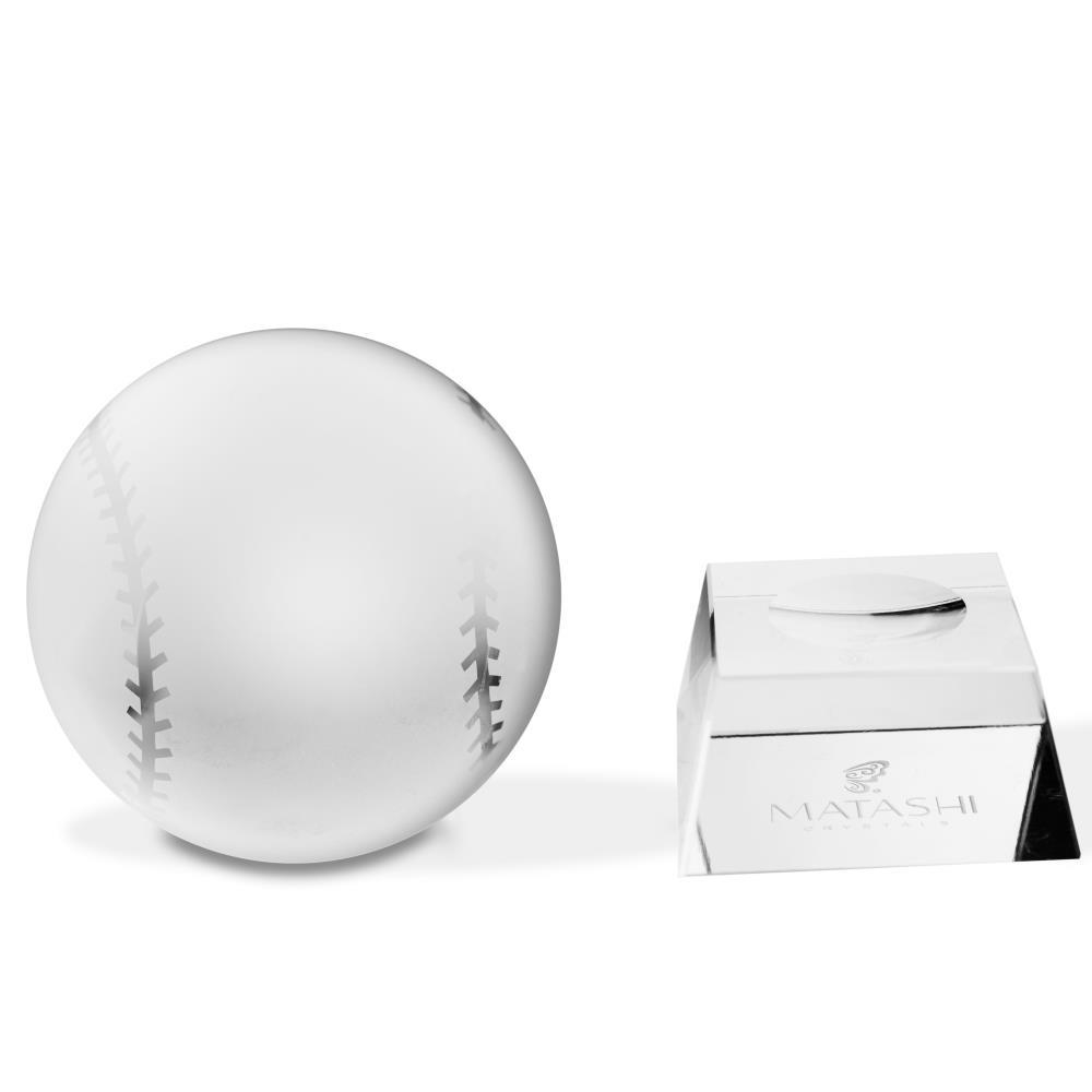 Crystal Paperweight With Etched Baseball Ornament And Trapezoid Base By Matashi