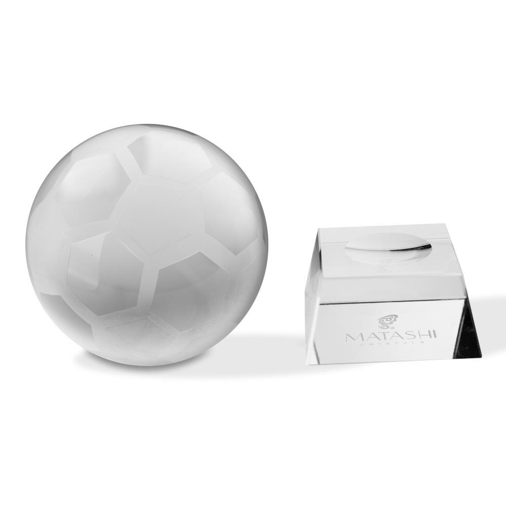 Crystal Paperweight With Etched Soccer Ball Ornament And Trapezoid Base By Matashi