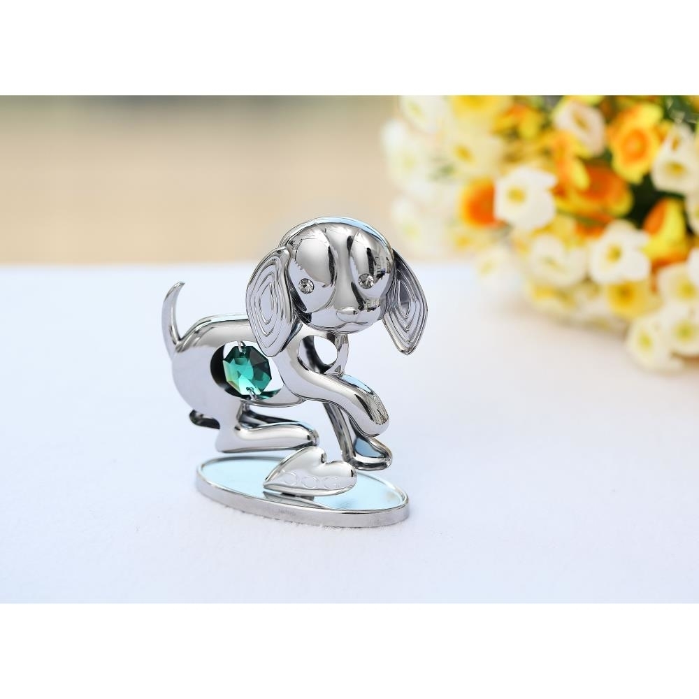 2018 Year Of The Dog Matashi Chrome Plated Silver Puppy Tabletop Ornament W/ Green Crystal , Elegant Metal Dog Figurine