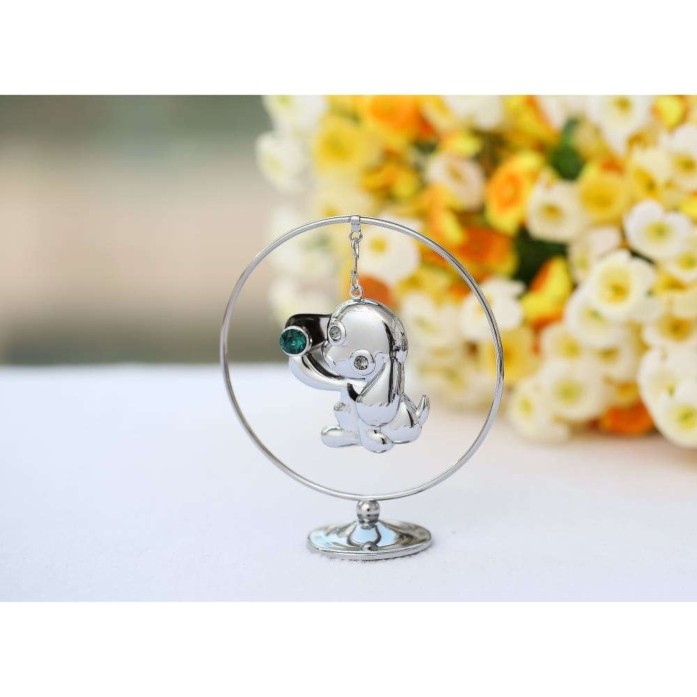 2018 Year Of The Dog Chrome Plated Silver Puppy Hoop W/ Green Crystal , Elegant Table Top Decor , Metal Dog Figurine Hanging Ornament