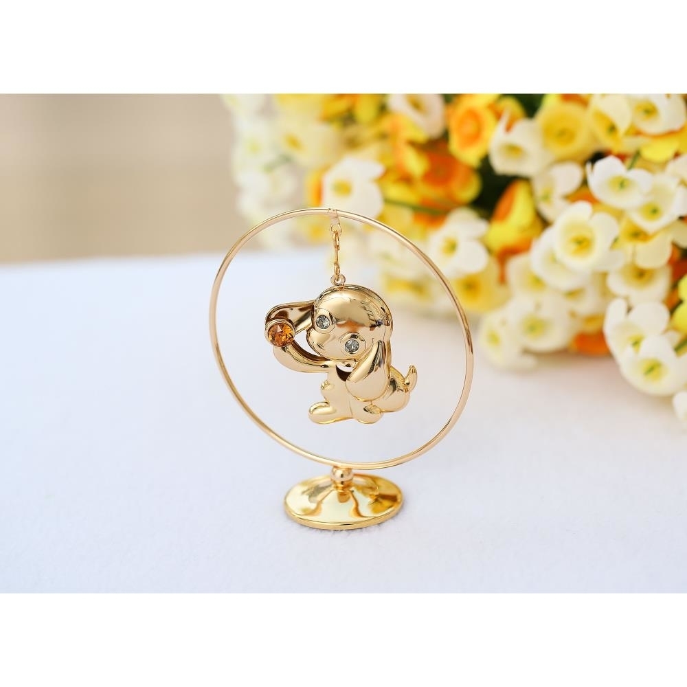 2018 Year Of The Dog 24K Gold Plated Puppy Hoop W/ Gold Crystal , Elegant Table Top Decor , Metal Dog Figurine Hanging Ornament