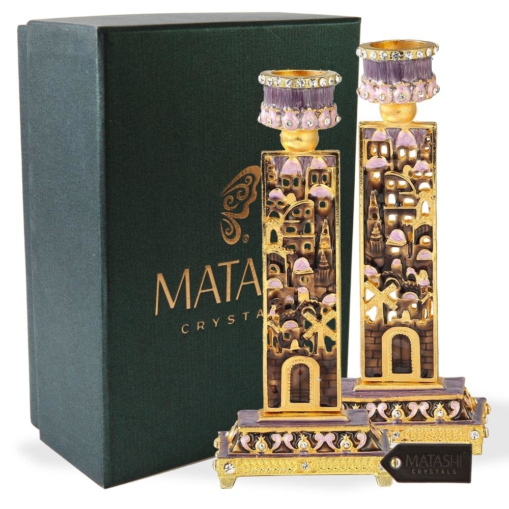 Shabbat Candlestick (2-Piece Set) Hand-Painted Gold-Plated Pewter , Tall Vintage Craftsmanship , Adorned W/ City Wall
