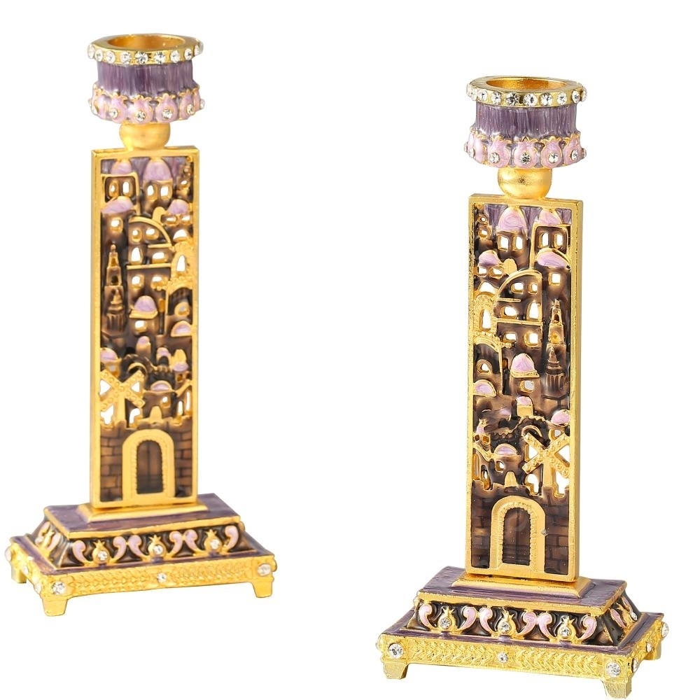 Shabbat Candlestick (2-Piece Set) Hand-Painted Gold-Plated Pewter , Tall Vintage Craftsmanship , Adorned W/ City Wall