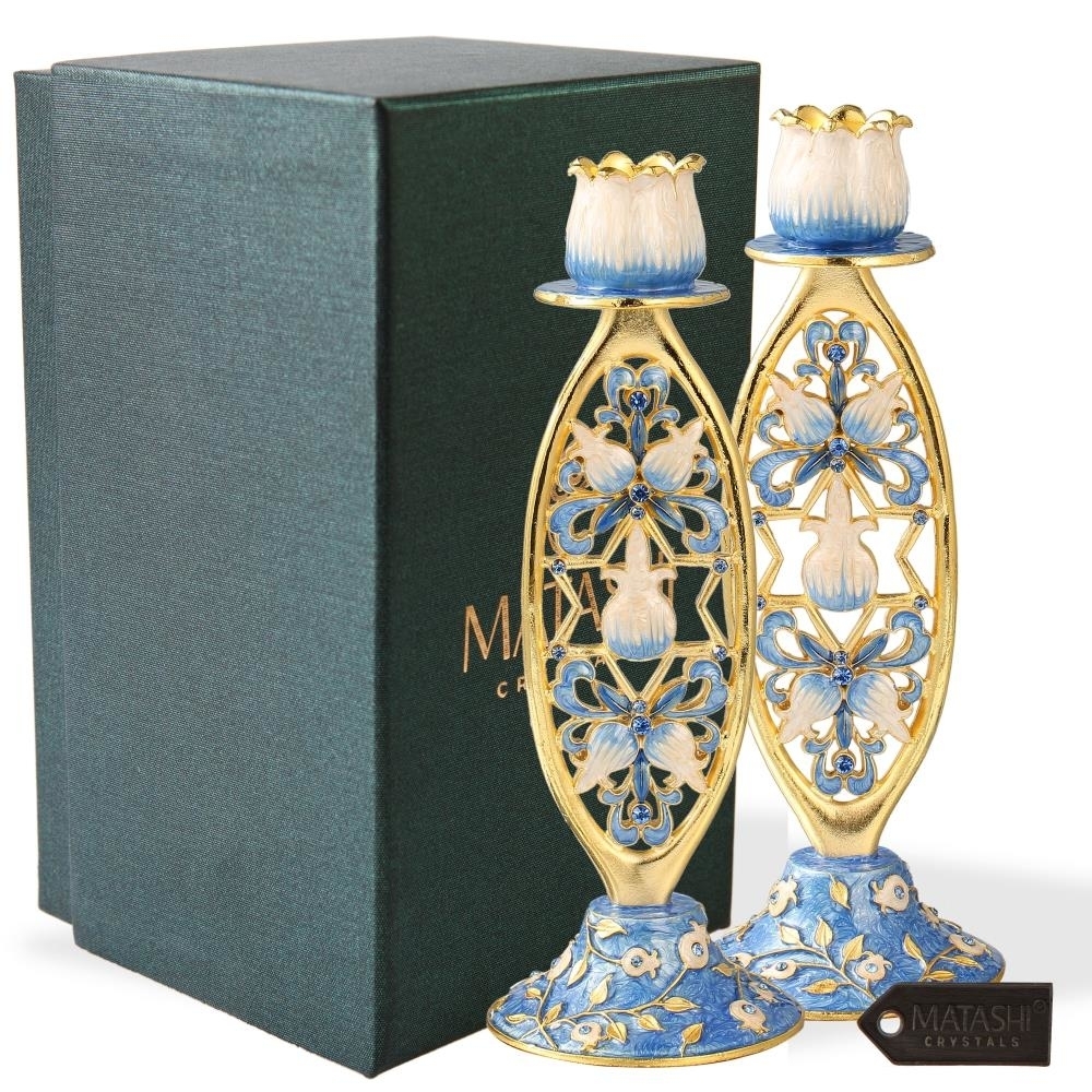 Shabbat Candlestick (2-Piece Set) Hand-Painted Gold-Plated Pewter , Tall Vintage Craftsmanship , Adorned W/ Blue Flowers And Star Of David