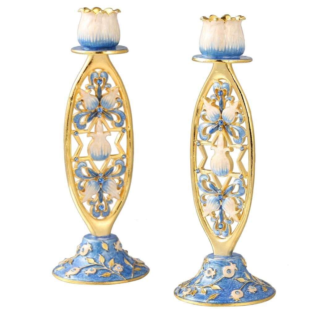 Shabbat Candlestick (2-Piece Set) Hand-Painted Gold-Plated Pewter , Tall Vintage Craftsmanship , Adorned W/ Blue Flowers And Star Of David