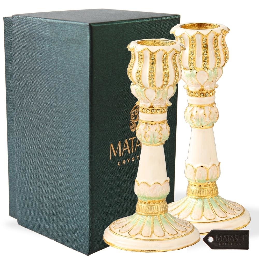 Shabbat Candlestick (2-Piece Set) Hand-Painted Gold-Plated Pewter , Tall Vintage Craftsmanship , Ivory With Petal Design