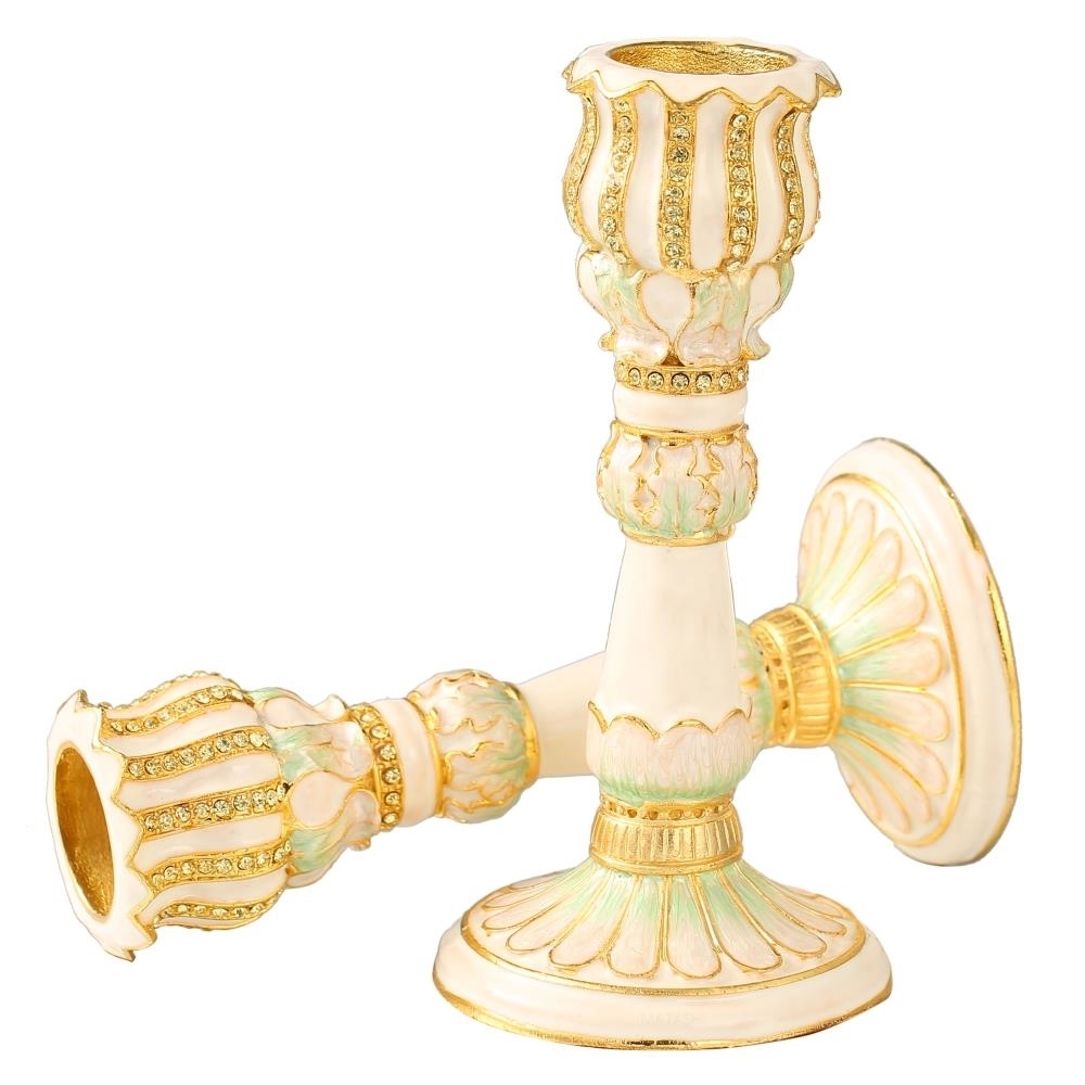 Shabbat Candlestick (2-Piece Set) Hand-Painted Gold-Plated Pewter , Tall Vintage Craftsmanship , Ivory With Petal Design