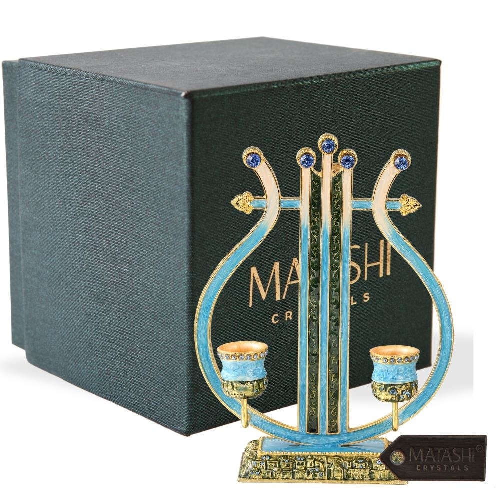 Matashi Oil Candle Holders , Displays 2 Candles , Blue And Green Colors Intricate Details With Matashi Crystals , Vintage Harp