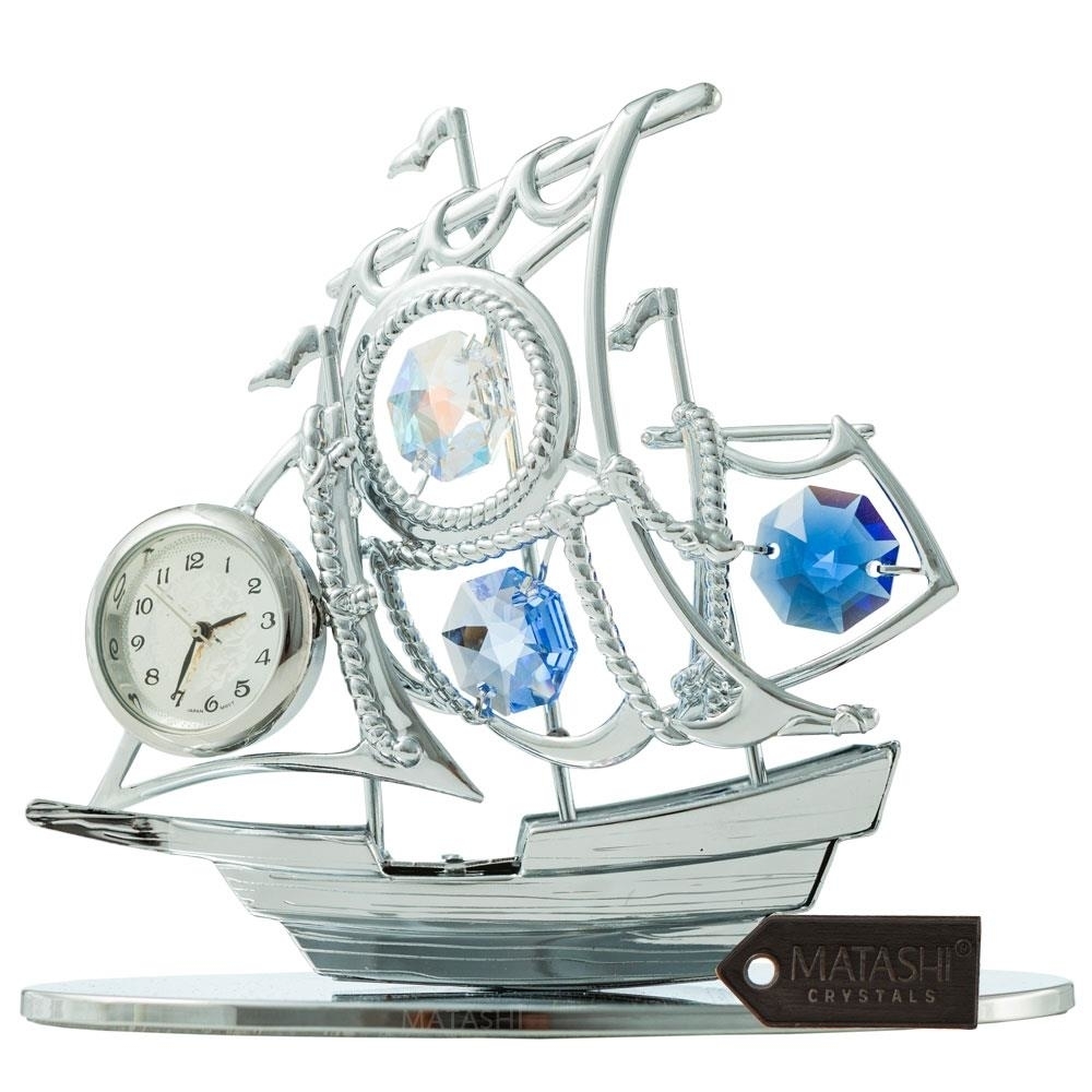 Chrome Plated Silver Sailboat Tabletop Ornament With Clock With Matashi Blue Crystals , Precision Analog Time Keeping