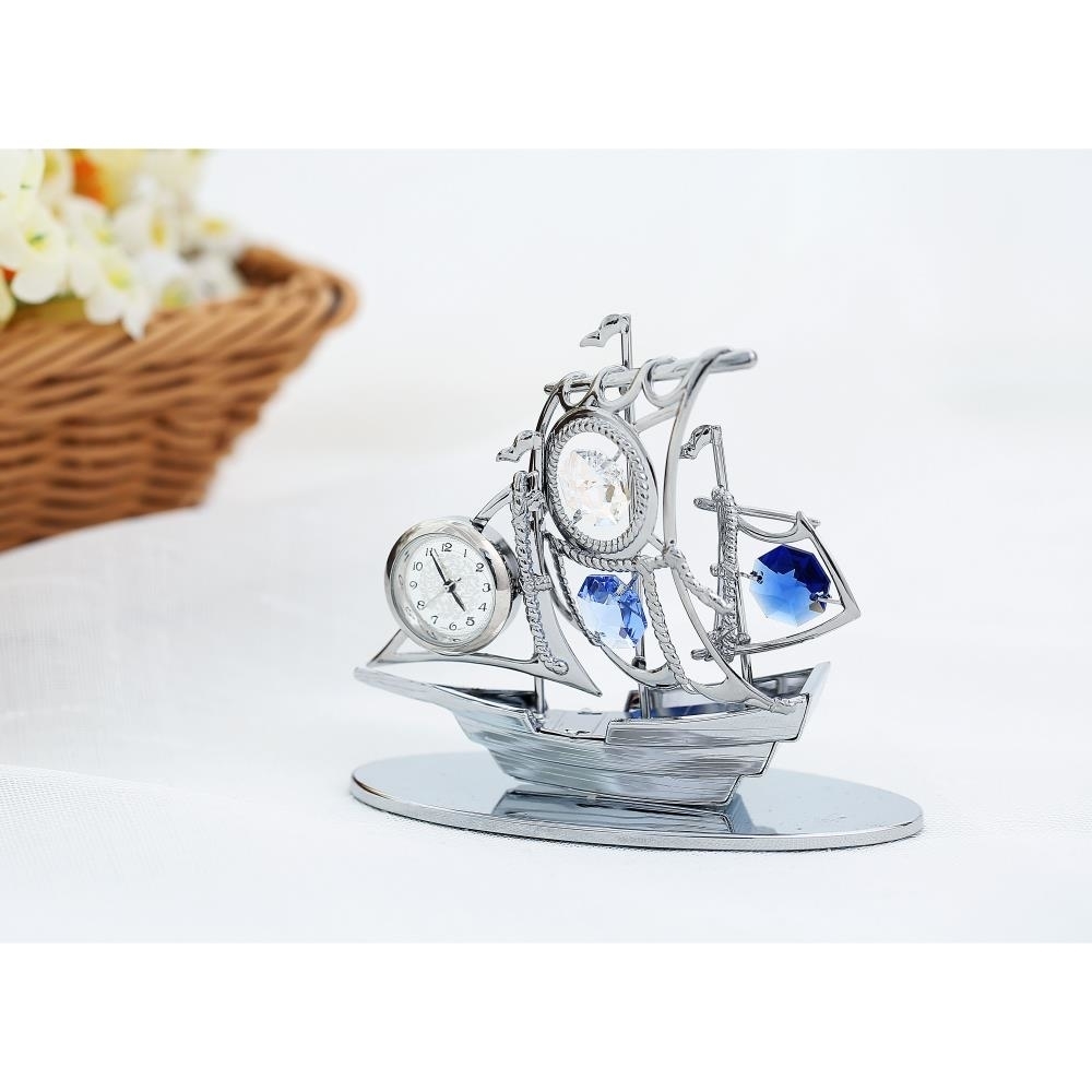 Chrome Plated Silver Sailboat Tabletop Ornament With Clock With Matashi Blue Crystals , Precision Analog Time Keeping