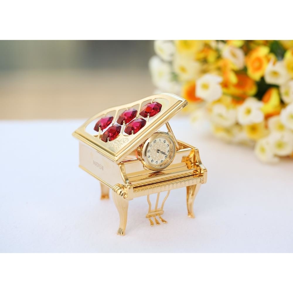 24K Gold Plated Vintage Piano Desk Clock With Red Crystals