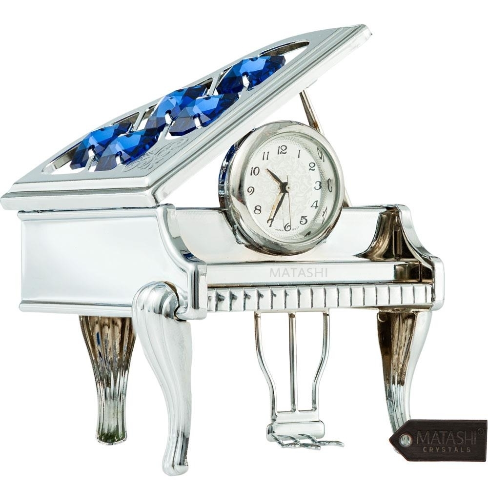 Chrome Plated Silver Vintage Piano Desk Clock With Blue Crystals