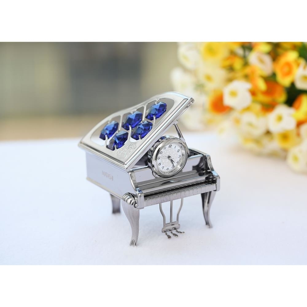 Chrome Plated Silver Vintage Piano Desk Clock With Blue Crystals