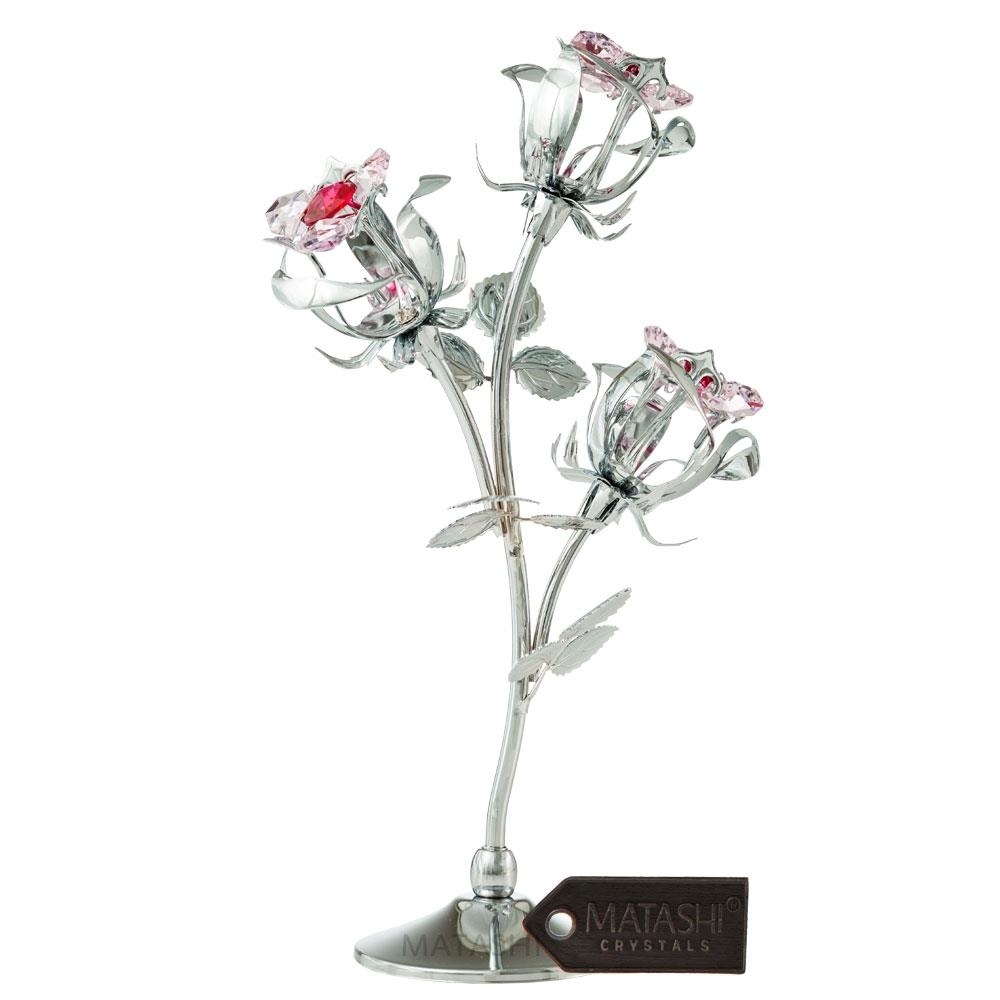 Chrome Plated Silver Rose Flower Tabletop Ornament W/ Red & Pink Matashi Crystals Metal Floral Arrangement