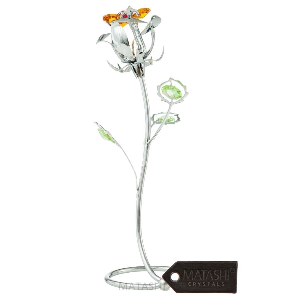 Chrome Plated Silver Rose Flower Tabletop Ornament W/ Red And Yellow Matashi Crystals Long-Stem , Elegant Craftsmanship