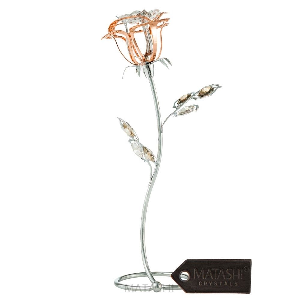 Rose Gold And Chrome Plated Silver Rose Flower Tabletop Ornament With Clear And Golden Teak Crystals