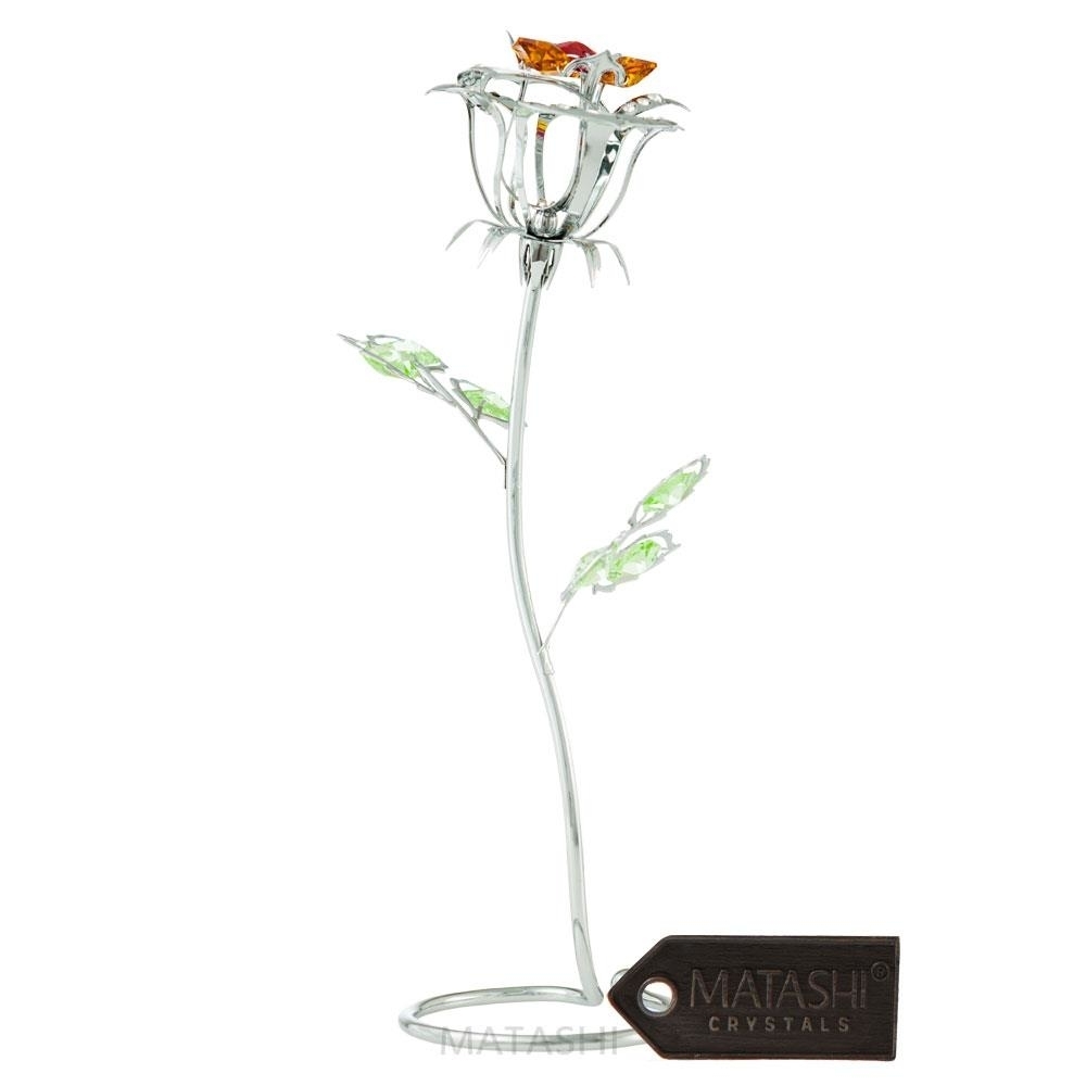 Chrome Plated Silver Rose Flower Tabletop Ornament W/ Red Orange And Green Matashi Crystals Metal Floral Arrangement