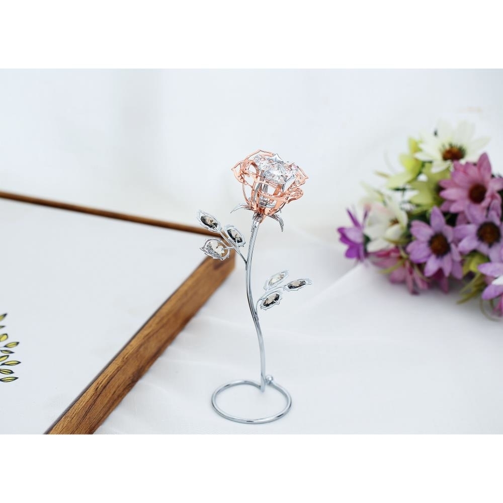 Rose Gold And Chrome Plated Silver Rose Flower Tabletop Ornament With Clear And Golden Teak Crystals
