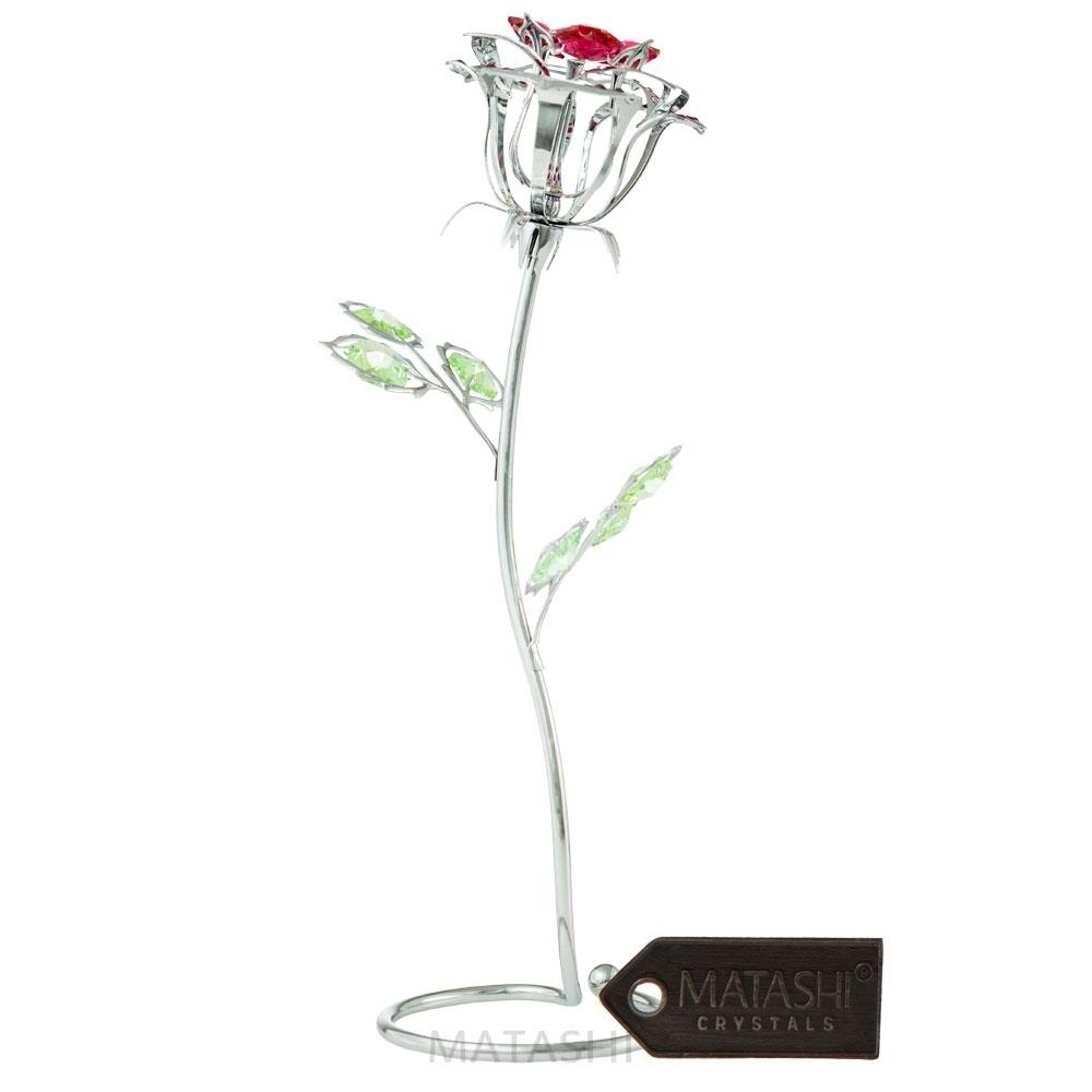 Chrome Plated Silver Rose Flower Tabletop Ornament W/ Red & Green Matashi Crystals Metal Floral Arrangement