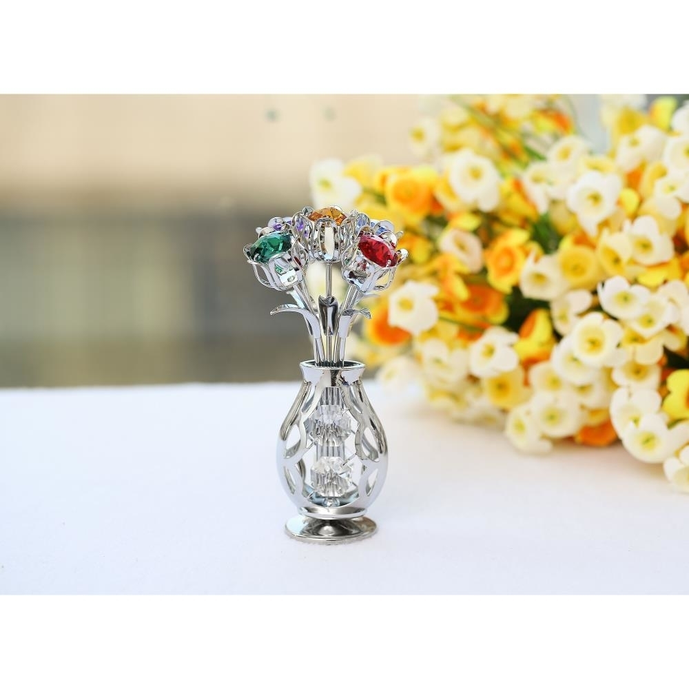 Chrome Plated Flowers Bouquet And Vase W/ Colorful Matashi Crystals , Table Top Decorations