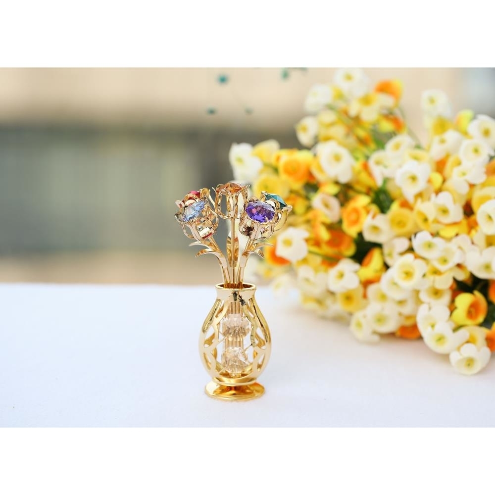 24k Gold Plated Flowers Bouquet And Vase W/ Colorful Matashi Crystals , 24k Gold-Plated Table Top Decorations
