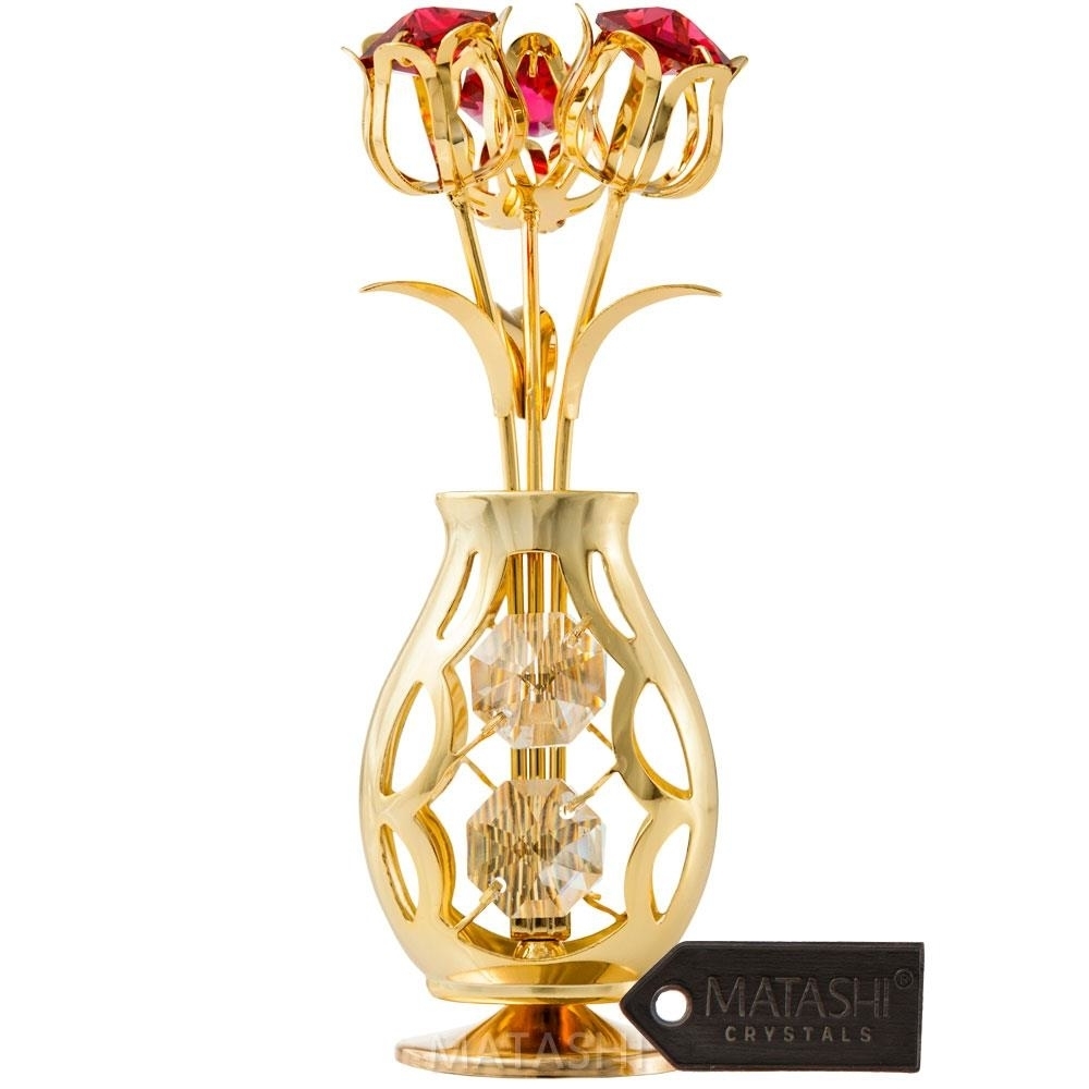 24k Gold Plated Flowers Bouquet And Vase W/ Red & Clear Matashi Crystals , 24k Gold-Plated Table Top Decorations