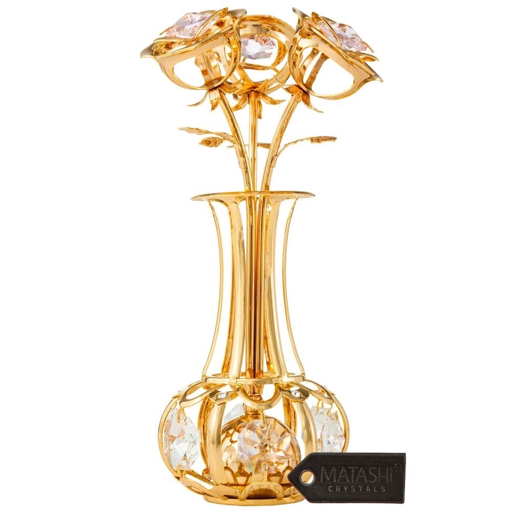 24k Gold Plated Flowers Bouquet And Vase W/ Pink & Clear Matashi Crystals , 24k Gold-Plated Table Top Decorations