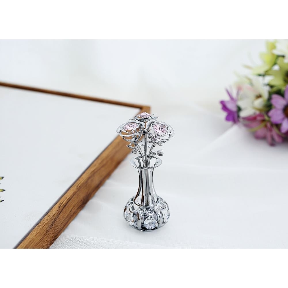 Chrome Plated Silver Flowers Bouquet And Vase W/ Pink & Clear Matashi Crystals , Chrome-Plated Table Top Decorations