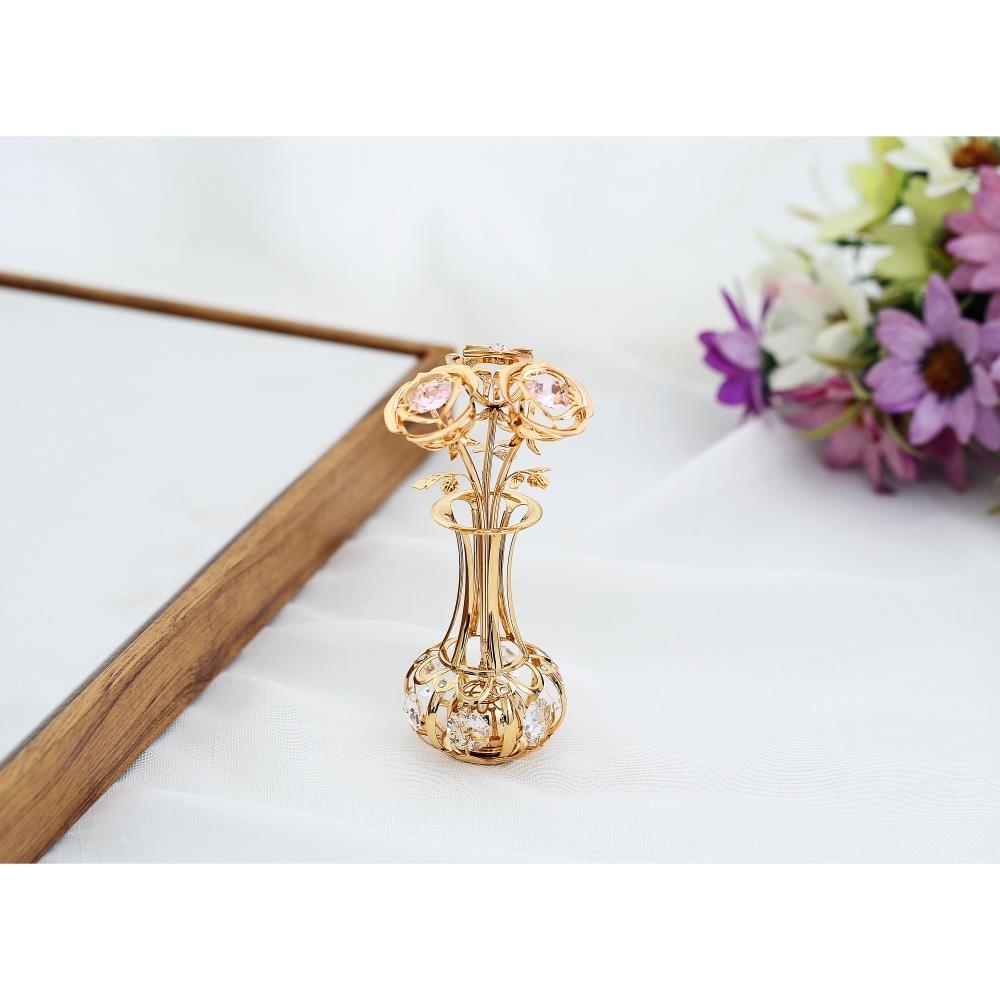 24k Gold Plated Flowers Bouquet And Vase W/ Pink & Clear Matashi Crystals , 24k Gold-Plated Table Top Decorations