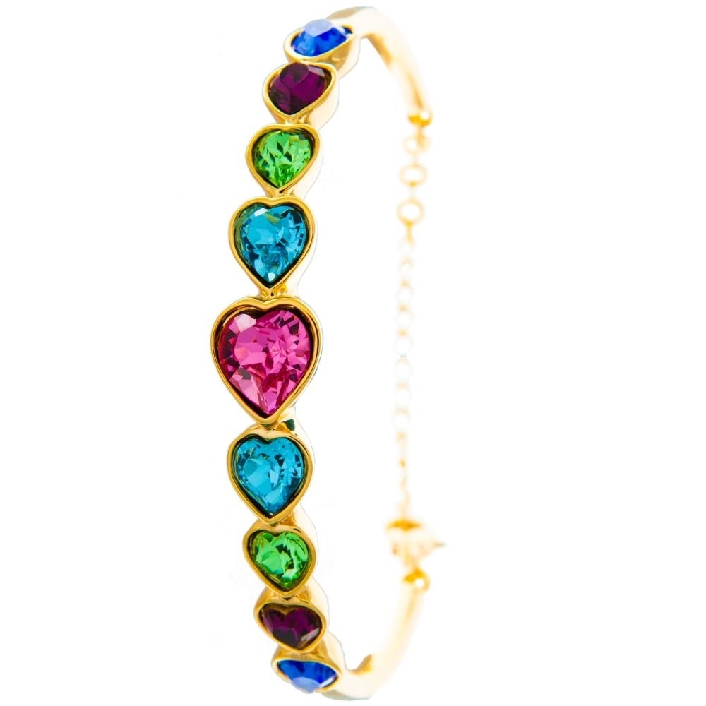 Champagne Gold Plated Bracelet With Heart Chain Design And High Quality Multi Colored Crystals By Matashi