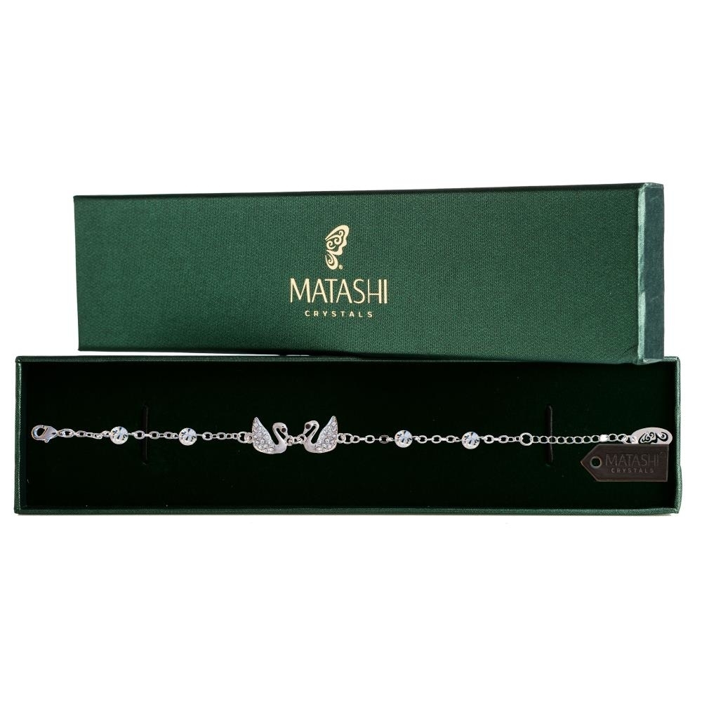 Rhodium Plated Bracelet With Loving Swans Design With Lobster Clasp And High Quality Clear Crystals By Matashi
