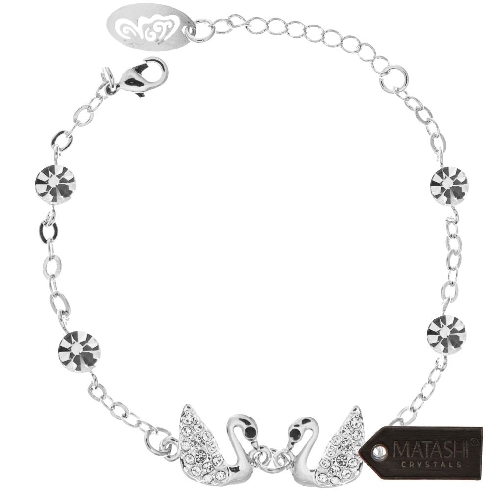 Rhodium Plated Bracelet With Loving Swans Design With Lobster Clasp And High Quality Clear Crystals By Matashi