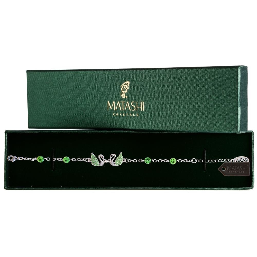 Rhodium Plated Bracelet With Loving Swans Design With Lobster Clasp And High Quality Olive Green Crystals By Matashi